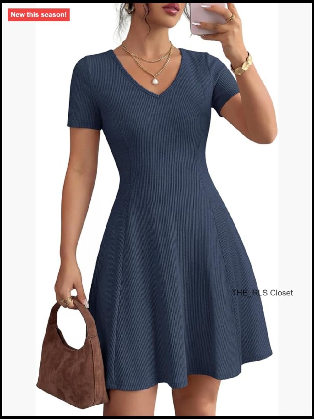 Women’s Navy Ribbed V‑Neck Short Sleeve Skater Dress